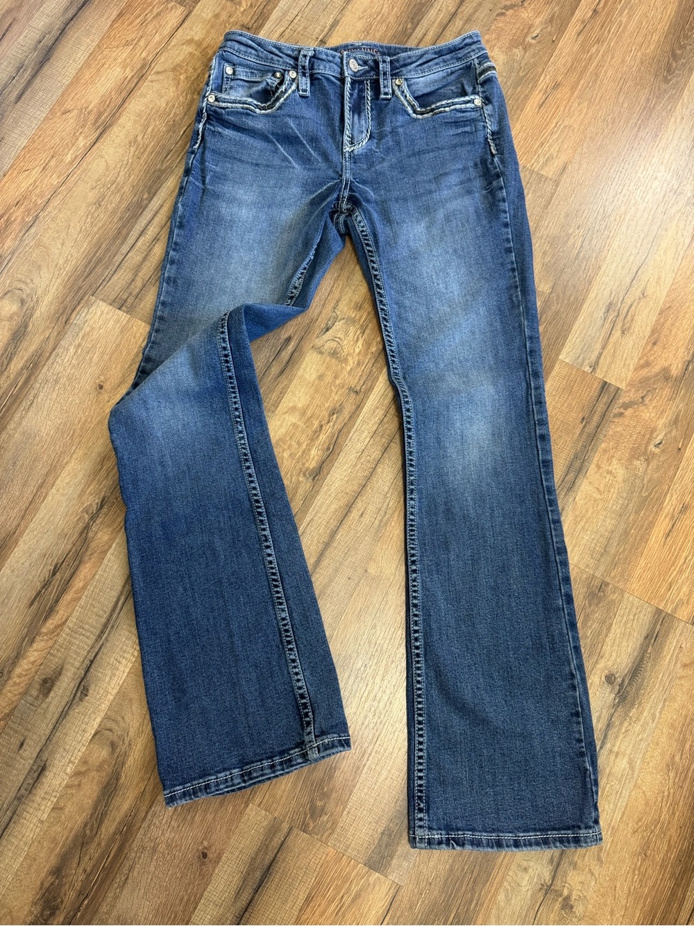Shyanne Thick Stitch Bootcut Jeans 30x34 Embellished Pocket Medium Wash